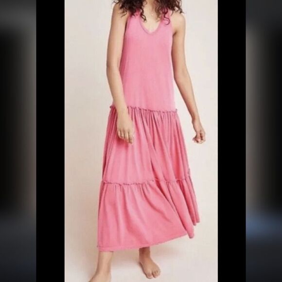 Anthropologie Sundry Pink Racer Back Tiered Ruffle Maxi Dress Size M - Picture 1 of 8